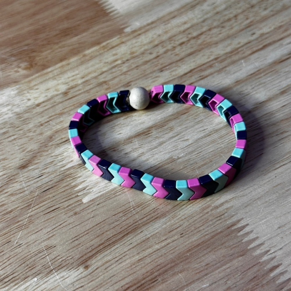 Pink Teal Navy Enamel Chevron Tile Stretch Bracelet with Wood Bead Accent